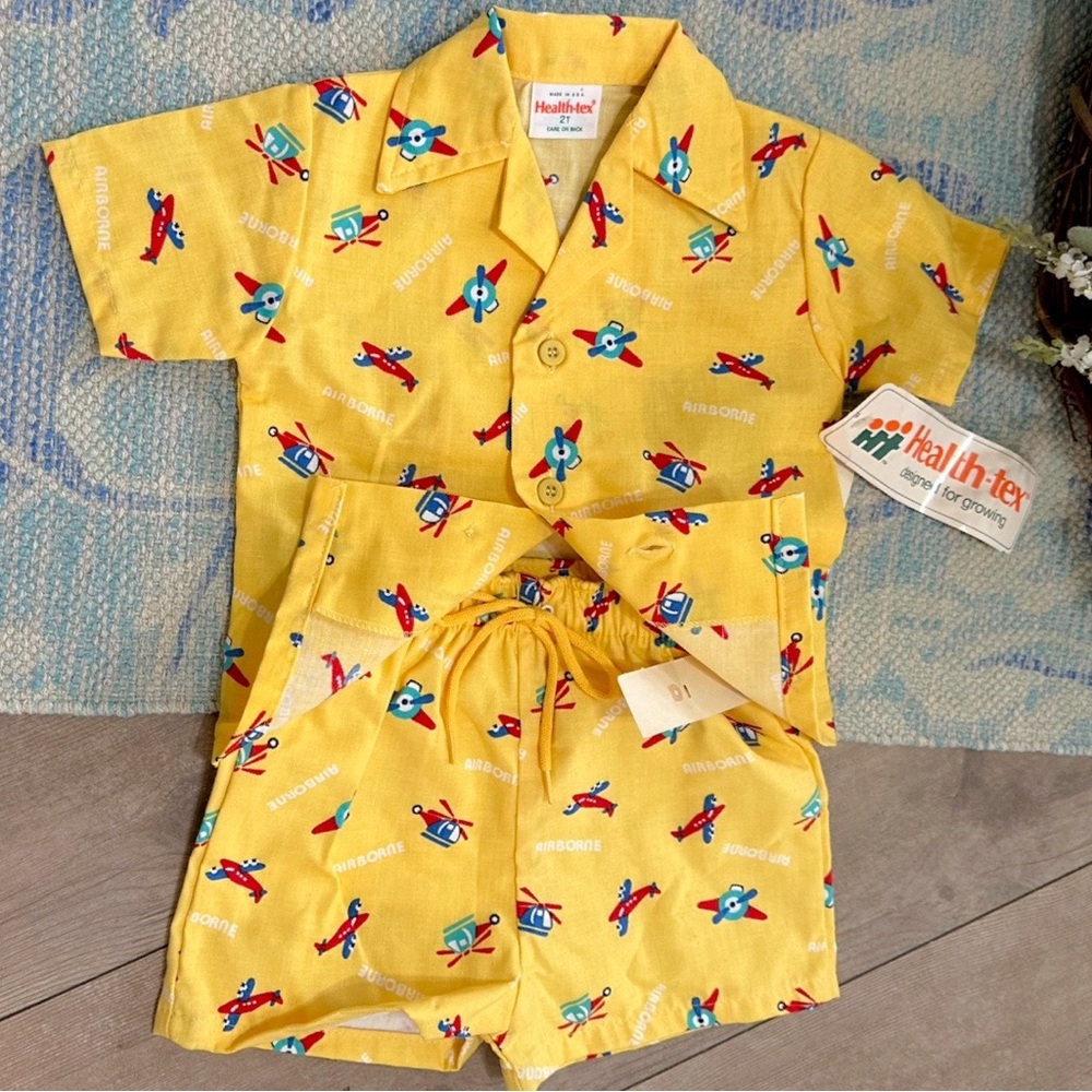 NEW Vintage Healthtex Toddler Yellow Airplane Outfit Set Button Down & Shorts - Picture 11 of 16
